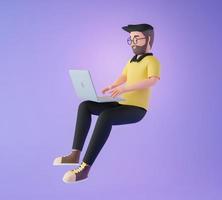 Cartoon character men floating and using computer laptop for working from home or online, concept of technology. 3d render illustration. photo