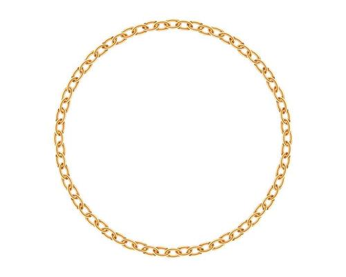 Realistic gold circle frame chain texture. Golden round chains link isolated on white background. Jewelry chainlet three dimensional design element.