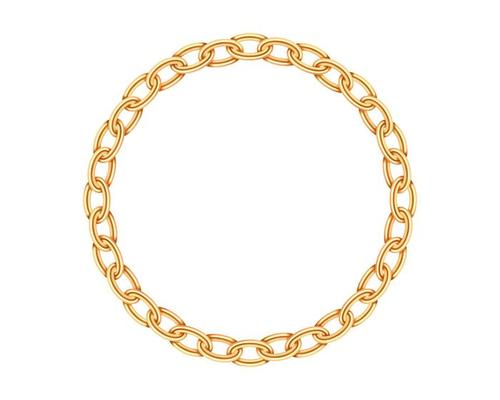 Realistic gold circle frame chain texture. Golden round chains link isolated on white background. Jewelry chainlet three dimensional design element.