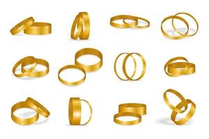 conjunto de anillos de boda dorados aislados en un fondo blanco. anillo de oro de diseño realista con sombras. elemento para tarjeta de felicitación. ilustración vectorial vector