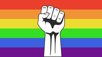 A clenched fist against the background of the LGBT flag vector