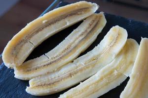 Sliced bananas for a banana cake. Directly above photo
