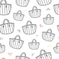 Seamless pattern with hand drawn outlined beach bags and colorful little shapes doodle style, vector illustration on white background. Design for wrapping and packaging