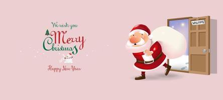 Santa Claus pulls a heavy white bag full of gifts come inside door with Merry Christmas message vector