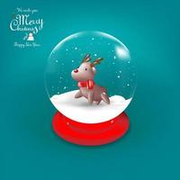 Snowman inside the crystal ball with snow flake on red background 3d cartoon style. vector