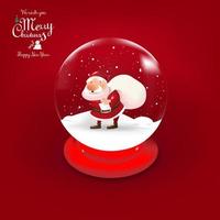 Santa carry bag inside the crystal ball with snow flake on red background 3d cartoon style.