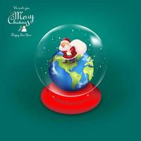 Santa stand on the earth inside the crystal ball with snow flake on red background 3d cartoon style. vector