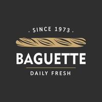 Vintage style bakery shop simple label, badge, emblem, logo template. Graphic food art with engraved baguette design vector element with typography. Linear organic bread on black background.