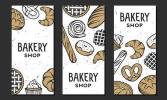 Set of vector bakery engraved elements. Typography design with bread, pastry, pie, buns, sweets, cupcake. Collection of modern linear graphic design vertical banner template. Bakery shop.