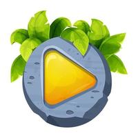 Jungle play or start button with stone and leaves decorations in funny cartoon style isolated on white background. Game menu, interface design. ui asset. Vector illustration