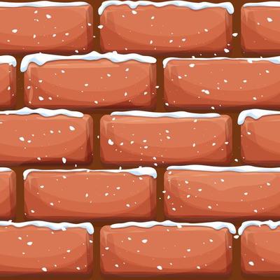 Brick wall with snow, stone bricks, rock surface in cartoon style, winter seamless background. Ui game asset, pavement or road. Textured and detailed. Vector illustration