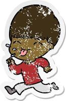 distressed sticker of a cartoon boy sticking out tongue vector