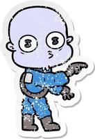 distressed sticker of a cartoon weird bald spaceman pointing vector