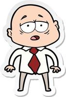 sticker of a cartoon tired bald man in shirt and tie vector