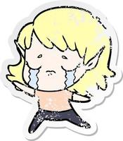 distressed sticker of a cartoon crying elf girl vector