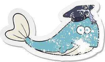 retro distressed sticker of a cartoon whale graduate vector