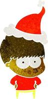 nervous retro cartoon of a boy wearing santa hat vector