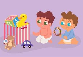 lindos niños y caja de juguetes vector