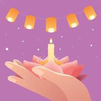 Loy krathong festival, hand with candle vector