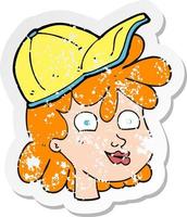 retro distressed sticker of a cartoon female face wearing cap vector