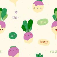 Cute vector pattern with Turnips and words. Hand drawn vegetable texture. Seamless food background