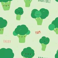 Cute vector pattern with Broccoli and words. Hand drawn vegetable texture. Seamless food background