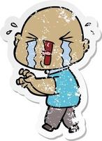 distressed sticker of a cartoon crying bald man vector