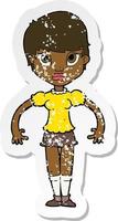 retro distressed sticker of a cartoon woman looking annoyed vector