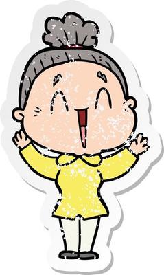 distressed sticker of a cartoon happy old lady
