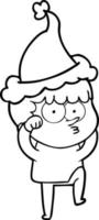 dibujo en línea de un niño curioso frotándose los ojos con incredulidad usando sombrero de santa vector