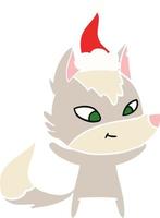 friendly flat color illustration of a wolf wearing santa hat vector