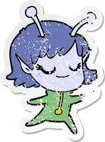 distressed sticker of a smiling alien girl cartoon vector