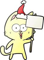 Gracioso dibujo animado degradado de un gato con letrero con gorro de Papá Noel vector