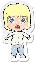 pegatina retro angustiada de una mujer con sobrepeso de dibujos animados vector