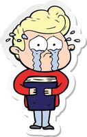 sticker of a cartoon crying man holding book vector