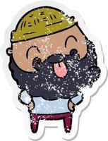 distressed sticker of a man with beard sticking out tongue vector