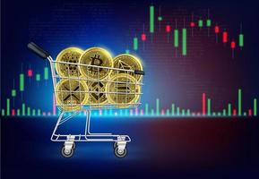 Knightly plate golden gauntlet of infinity with pile of coins cryptocurrency bitcoin, binance, ethereum, cardano and tether. On a background growth chart stock exchange of BTC. 3D Vector illustration.