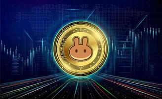 Cryptocurrencies  Pancake with growth chart. International stock exchange. Block chain electronic crypto currency online technology. Coin gold on futuristic city neon dark background. 3D Vector. vector