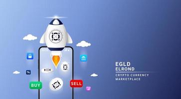 Elrond coin with spaceship flying leave smartphone to the sky. App for trading crypto currency in stock market. Mobile banking cryptocurrency wallet. 3d Vector illustration.