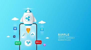 Ripple coin with spaceship flying leave smartphone to the sky. App for trading crypto currency in stock market. Mobile banking cryptocurrency wallet. 3d Vector illustration.