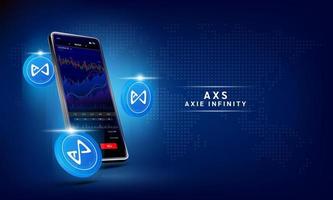 Axie Infinity coin and Phone. App for trading crypto currency on the touch screen smartphone. Data analytics stock market. Trends and financial strategy. Mobile banking cryptocurrency. Vector 3d.