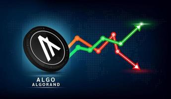 Algorand coin black. Cryptocurrency token symbol with stock market investment trading graph green and red. Coin icon on dark  background. Economic trends business concept. 3D Vector illustration.