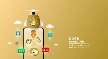 Dogecoin with spaceship flying leave smartphone to the sky. App for trading crypto currency in stock market. Mobile banking cryptocurrency wallet. 3d Vector illustration.