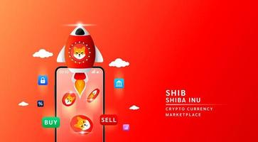 Shiba inu coin with spaceship flying leave smartphone to the sky. App for trading crypto currency in stock market. Mobile banking cryptocurrency wallet. 3d Vector illustration.