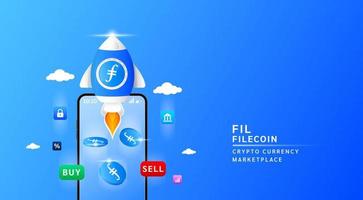 Filecoin with spaceship flying leave smartphone to the sky. App for trading crypto currency in stock market. Mobile banking cryptocurrency wallet. 3d Vector illustration.