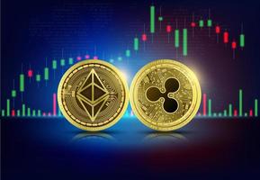 Gold coin Ethereum and Ripple on world map. Cryptocurrency. Blockchain stock market growth . Big data information mining technology. Internet electronic payment futuristic. 3D vector. vector