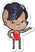 distressed sticker of a cute cartoon girl with hipster haircut vector