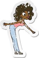 retro distressed sticker of a cartoon woman reaching to pick something up vector