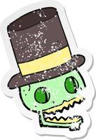 retro distressed sticker of a cartoon laughing skull in top hat vector
