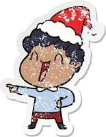 distressed sticker cartoon of a happy man wearing santa hat vector